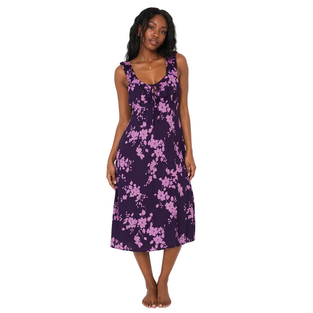 JONATHAN‎ MARTIN 90s Floral Midi Dress Purple Pink Tie Front Slip Size S